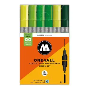 Molotow One4All Acrylic Twin Marker 224 Green Set (6 Markers)